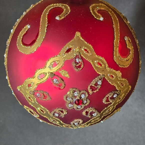 Frontgate Red Glass Christmas Ornaments Set Of 2 Gold Jeweled Scroll Design 4" - Picture 2 of 7